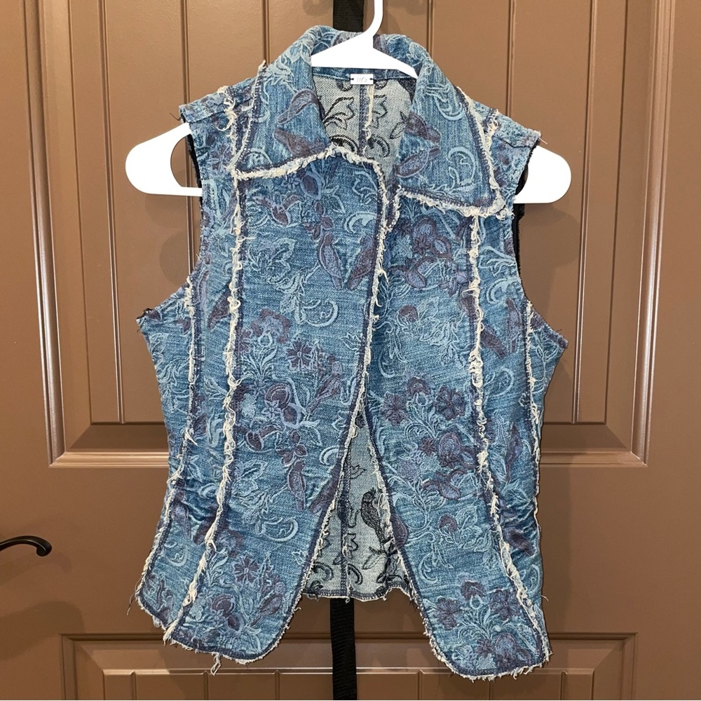 Iiro Floral Embroidered and Distressed Denim Vest